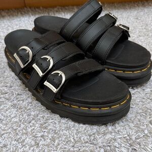 Dr. Martens Black Triple-Buckle Platform Slide Sandals with Yellow Stitching